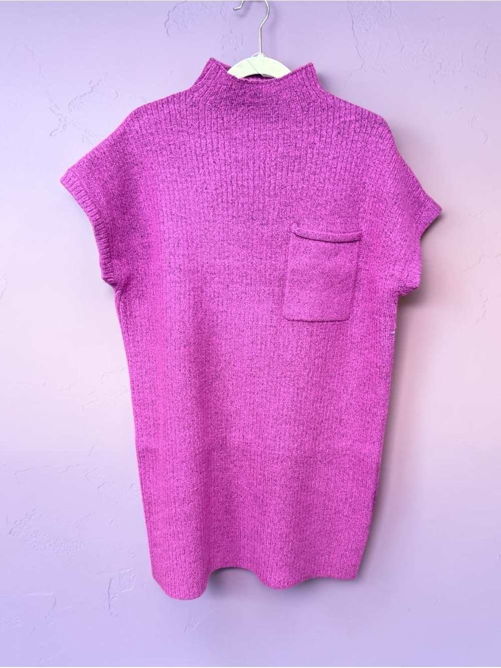 Women's Short-Sleeve Mock Neck Knit Sweater Dress- Pink
